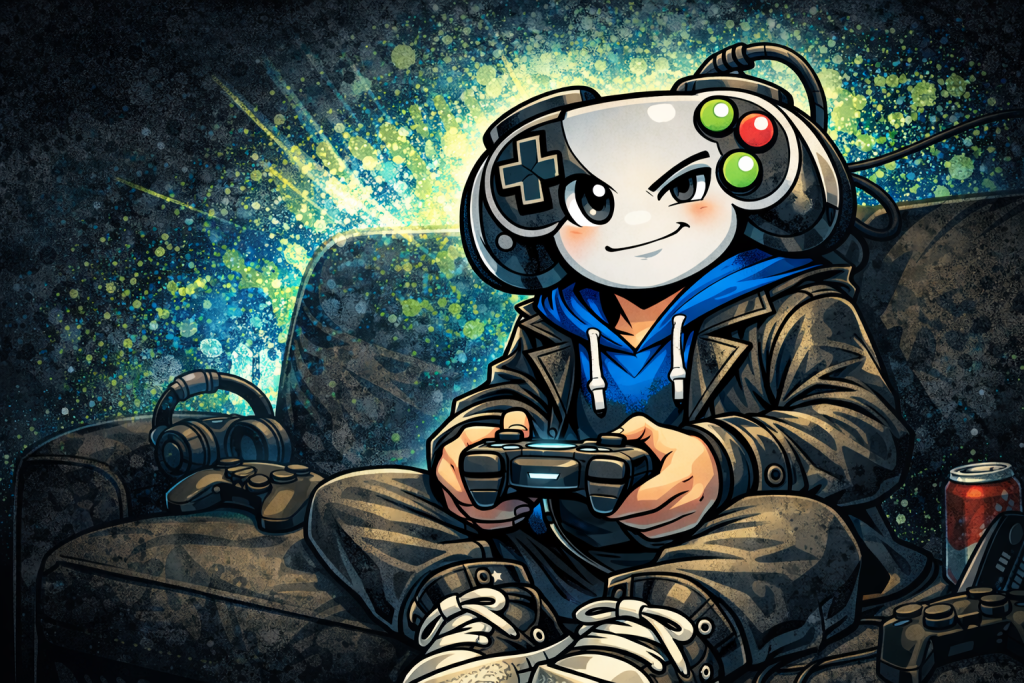 The mascot, Indie, for Indie-cent Exposure playing video games