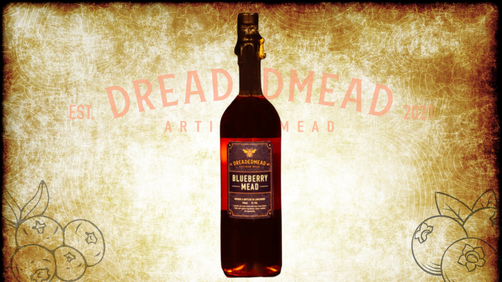 A bottole of blueberry mead from Dreaded Mead