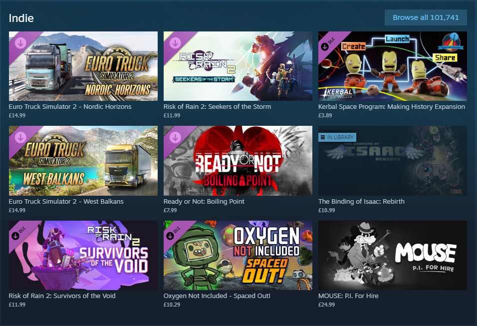 A screenshot of a selection of Indie Games on Steam