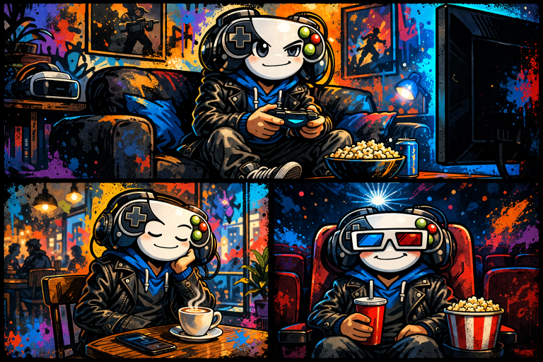 The mascot, Indie, for Indie-cent Exposure playing video games, listening to music in a cafe, and watching a film in the cinema