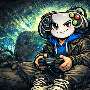 The mascot, Indie, for Indie-cent Exposure playing video games