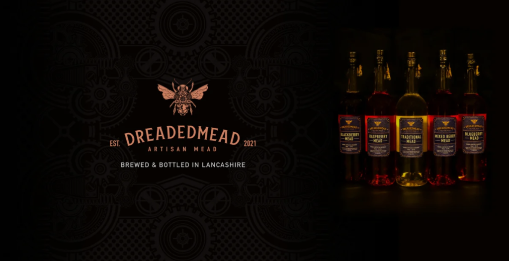Dreaded Mead logo with "brewed & bottled in Lancashire" slogan and some bottles of mead