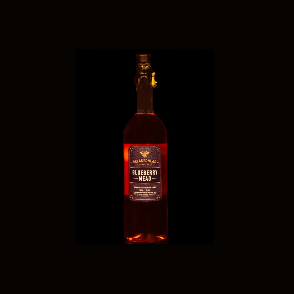 A bottole of blueberry mead from Dreaded Mead