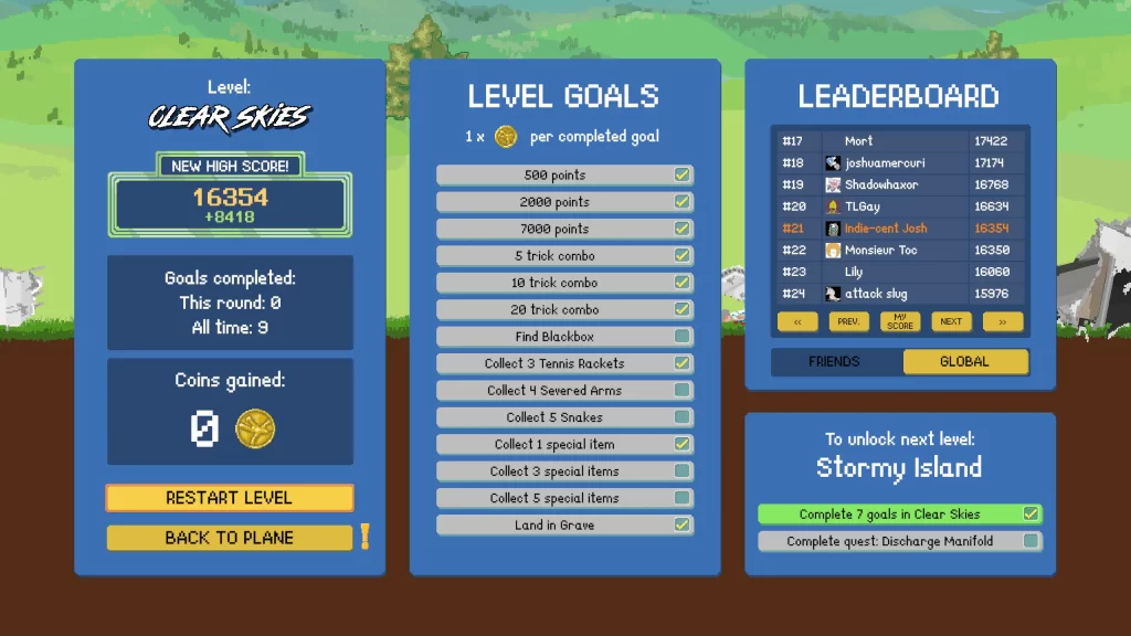 Freefall '95 - Level complete, objectives and leaderboard
