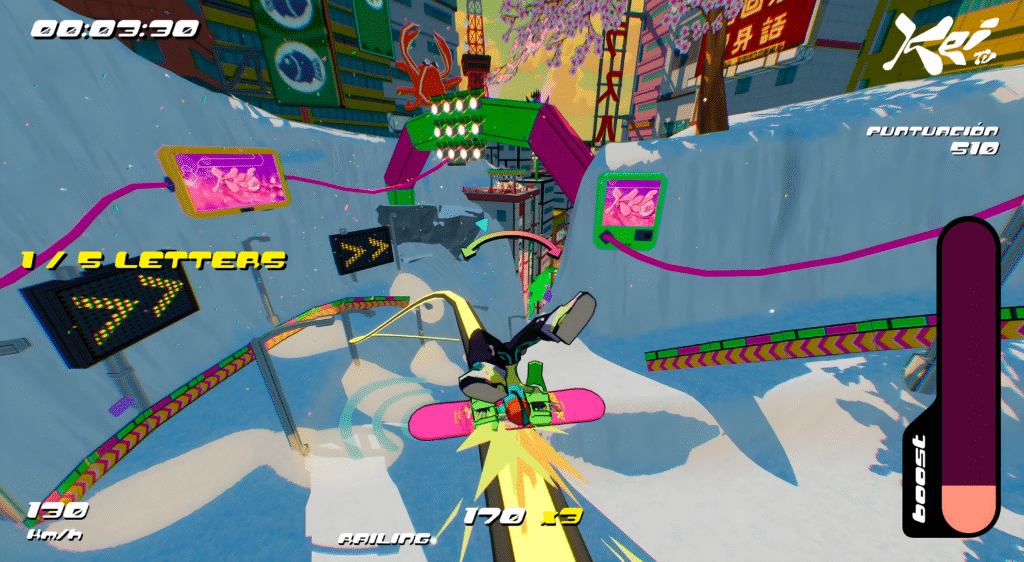 HYPERyuki: Snowboard Syndicate shows off fresh chaos in new gameplay trailer 2 HYPERyuki: Snowboard Syndicate - Grinding and collecting letters