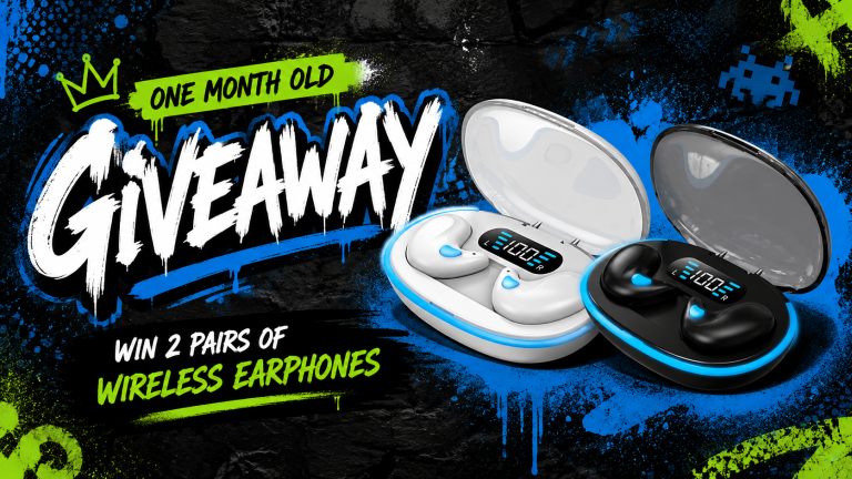 Header image for our one month old giveaway - Showing the prizes of two pairs of wireless earphones