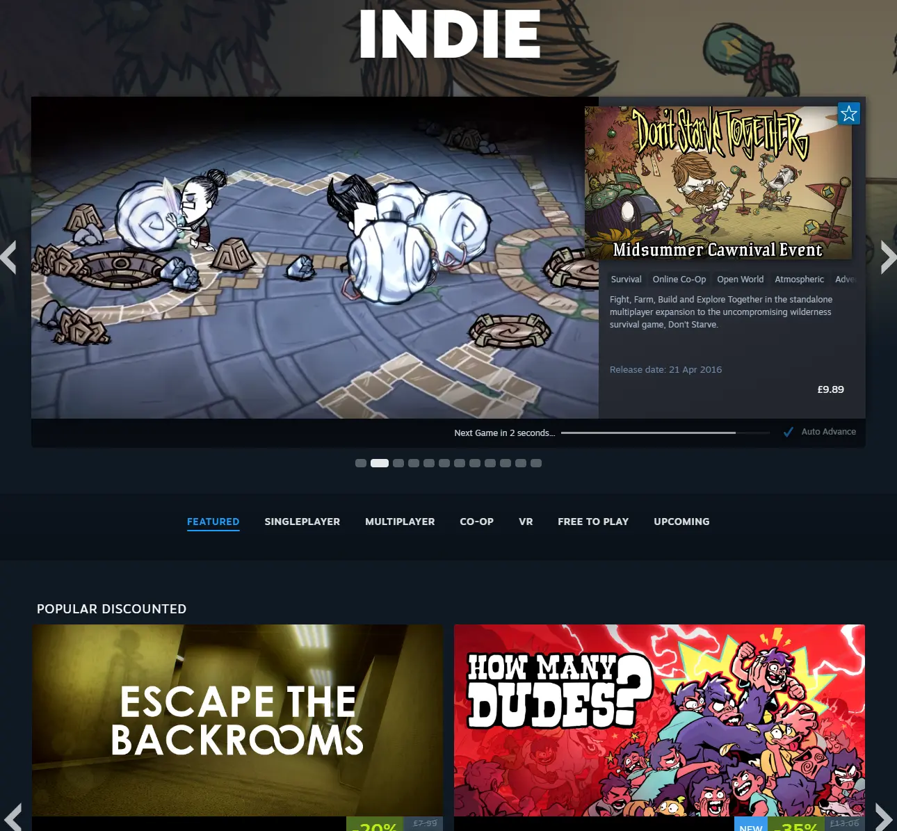 Indie games section on Steam's digital storefront