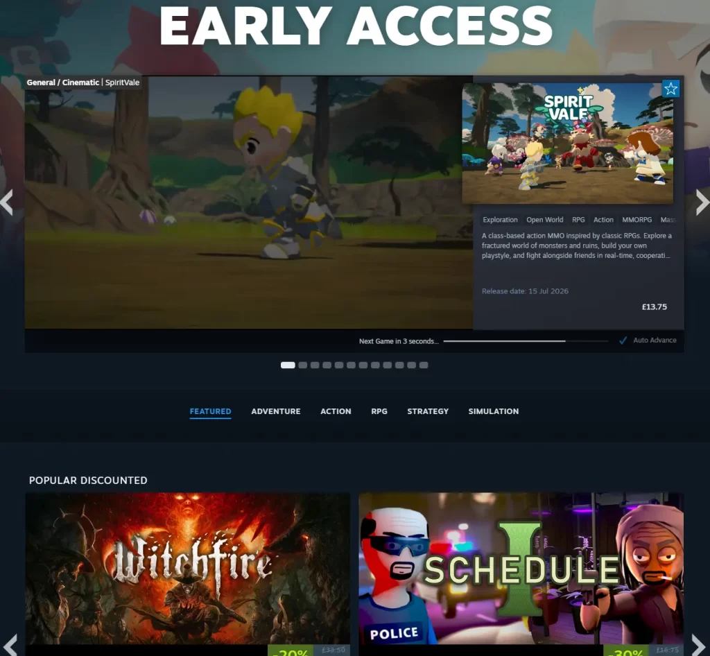 Early Access section on Steam