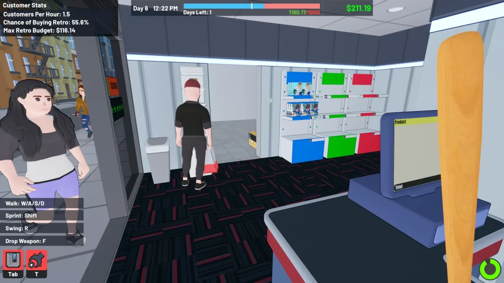 Gamestonk Simulator: Gone Rogue review: Retail hell never looked so daft 5 Gamestonk Simulator: Gone Rogue - Customer browsing shelves