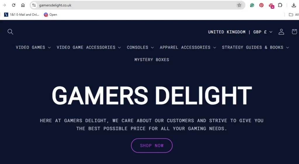 Gamers Delight website homepage - gamersdelight.co.uk