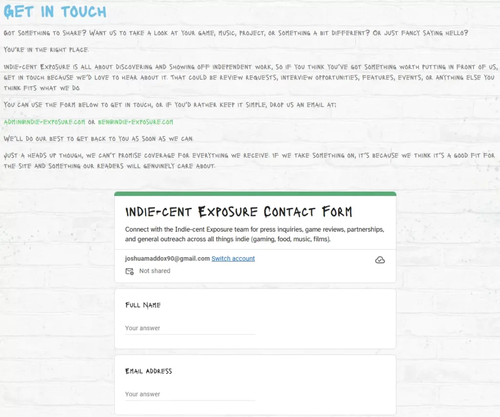 A screenshot fo the Indie-cent Exposure Get in Touch page