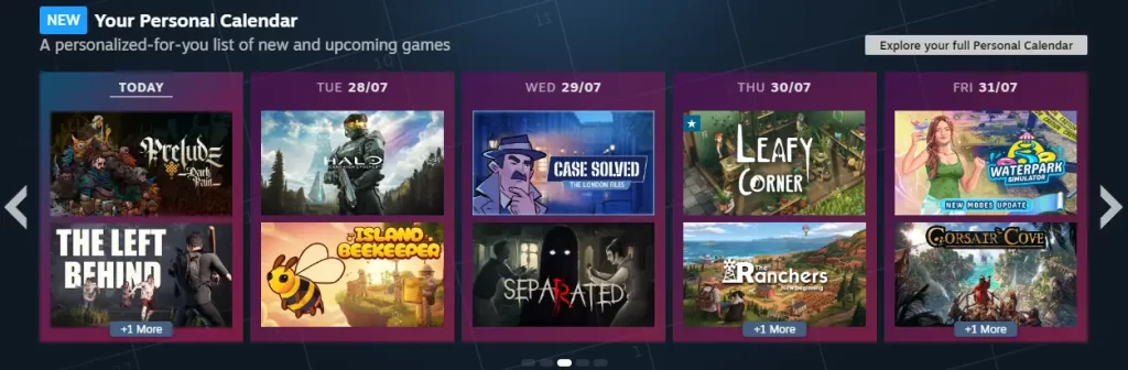 Your Personal Calendar on the Steam home page