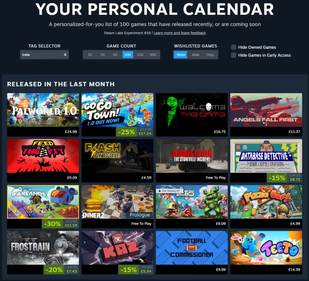 Steam Personal Calendar using the Indie tag
