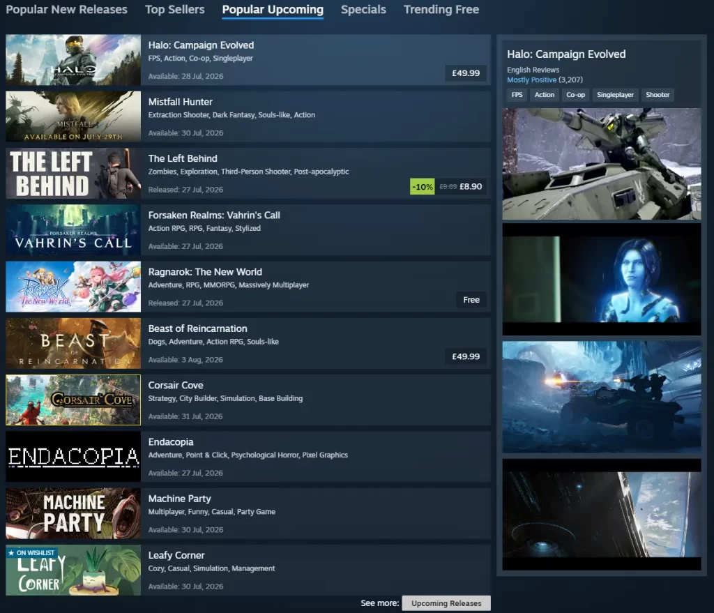 Popular Upcoming category on Steam showcasing some upcoming video game releases