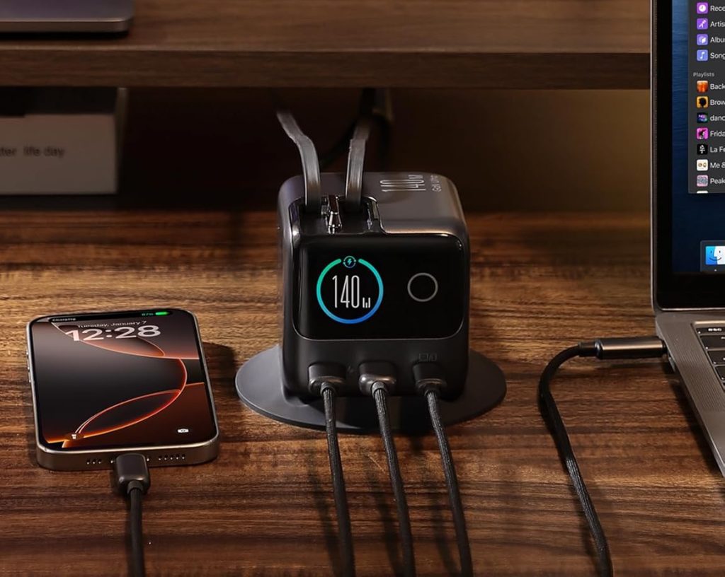JOYROOM PODIX 140W 5-Port Desktop GaN Charger - Multiple devices plugged in